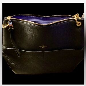 Black Leather Shoulder Bag with Purple Interior